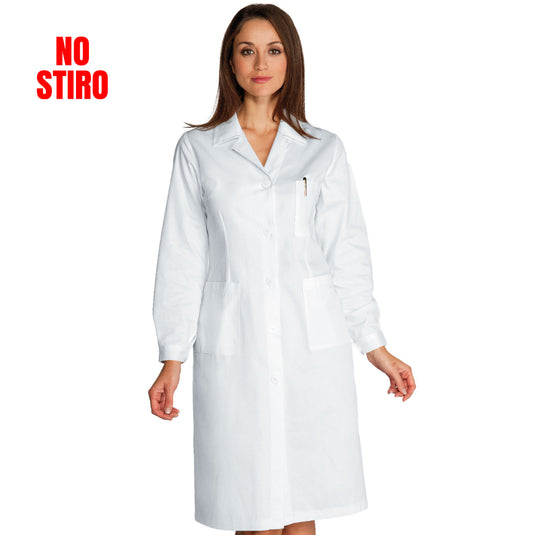 Camice Laboratorio Donna Isacco Bianco Manica Lunga Cotone Satin No Stiro