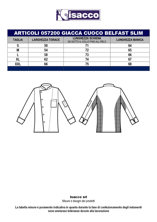 Giacca Cuoco Unisex Manica Lunga Isacco Belfast Slim Professionale