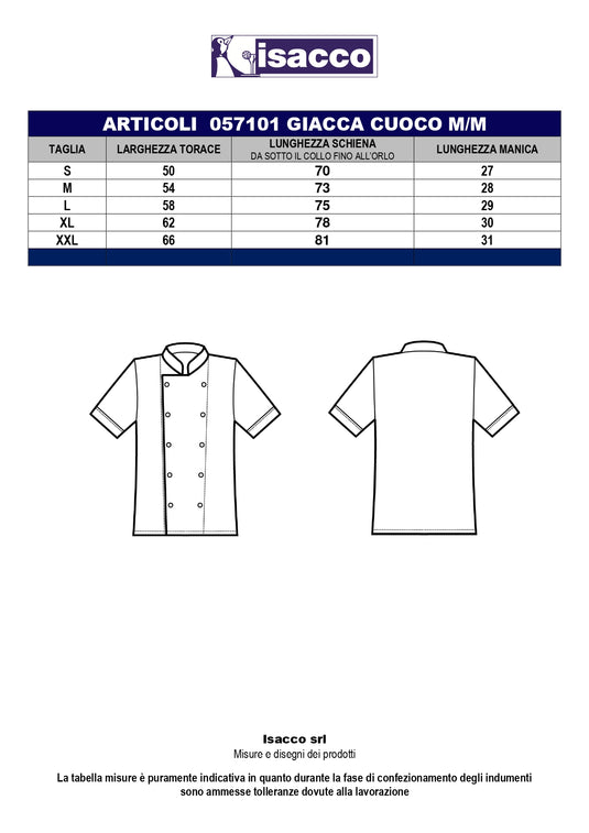 Giacca Cuoco Unisex Mezza Manica Isacco Alicante